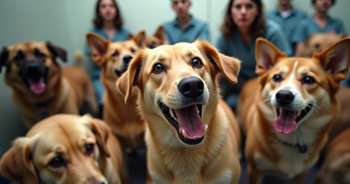 Cães estressados em área lotada de creche animal, cuidadores em alerta 