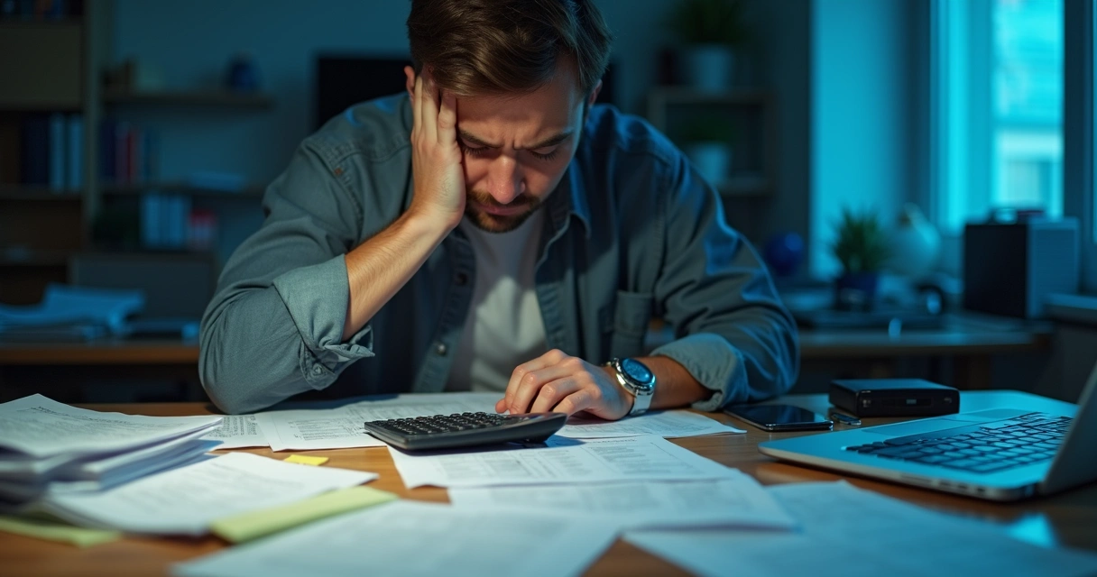 Pessoa analisando planilhas e demonstrando estresse ao controlar aluguéis