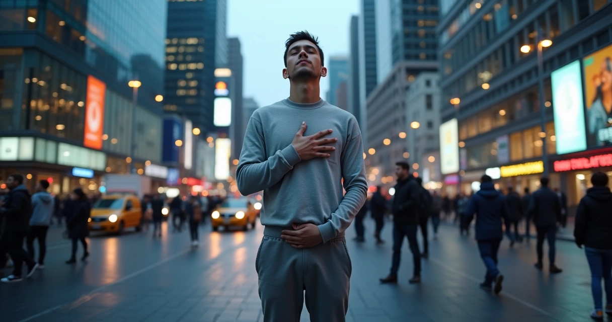 Pessoa em cidade moderna respirando fundo enquanto ao redor tudo está acelerado 