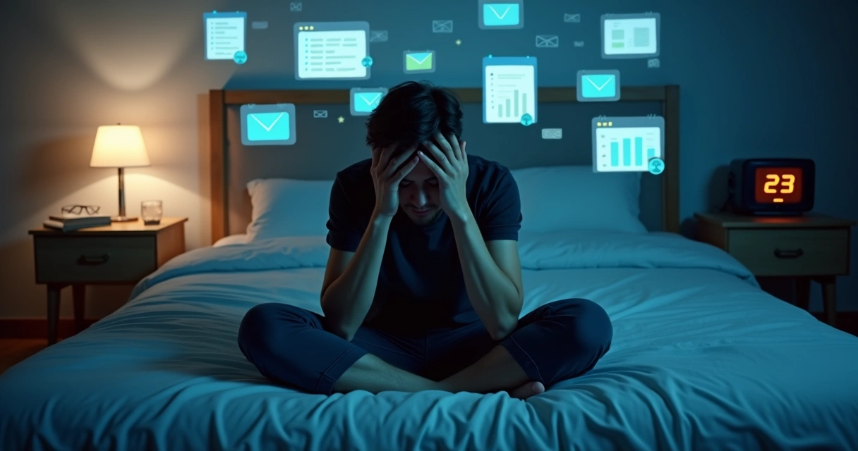 Pessoa sentada na cama à noite segurando a cabeça com várias janelas de tarefas flutuando ao redor 