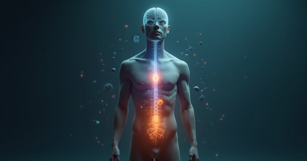 Ilustração de corpo humano com cérebro e hormônios representados por luzes coloridas 