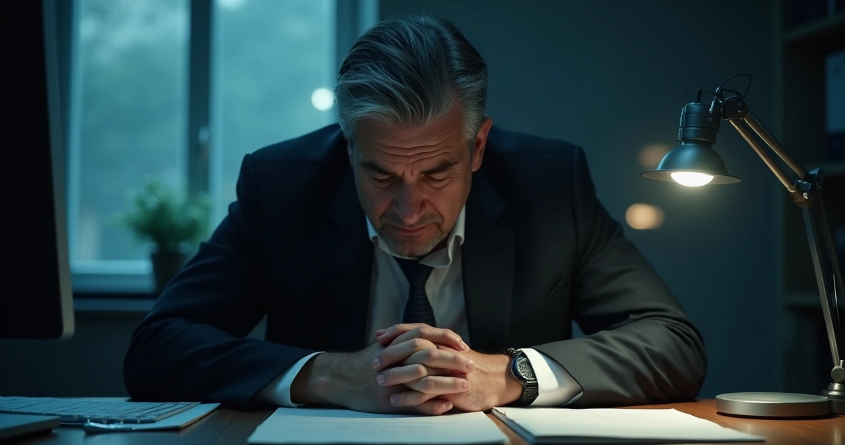 Homem de negócios sentado sozinho em um escritório escuro, olhando para baixo, com expressão de cansaço 