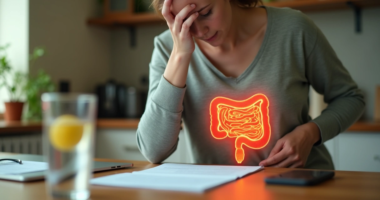 Mulher com dor abdominal segurando a barriga ao lado de ilustração do intestino 