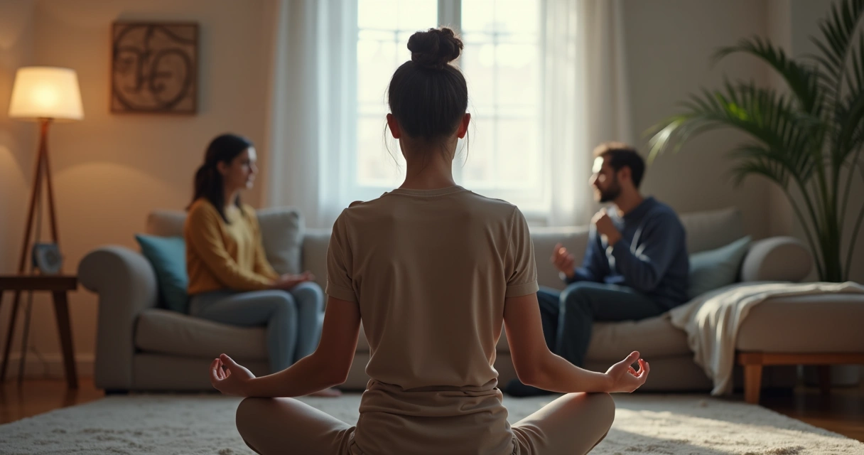 Pessoa sentada em posição de meditação em meio a ambiente familiar com tensão