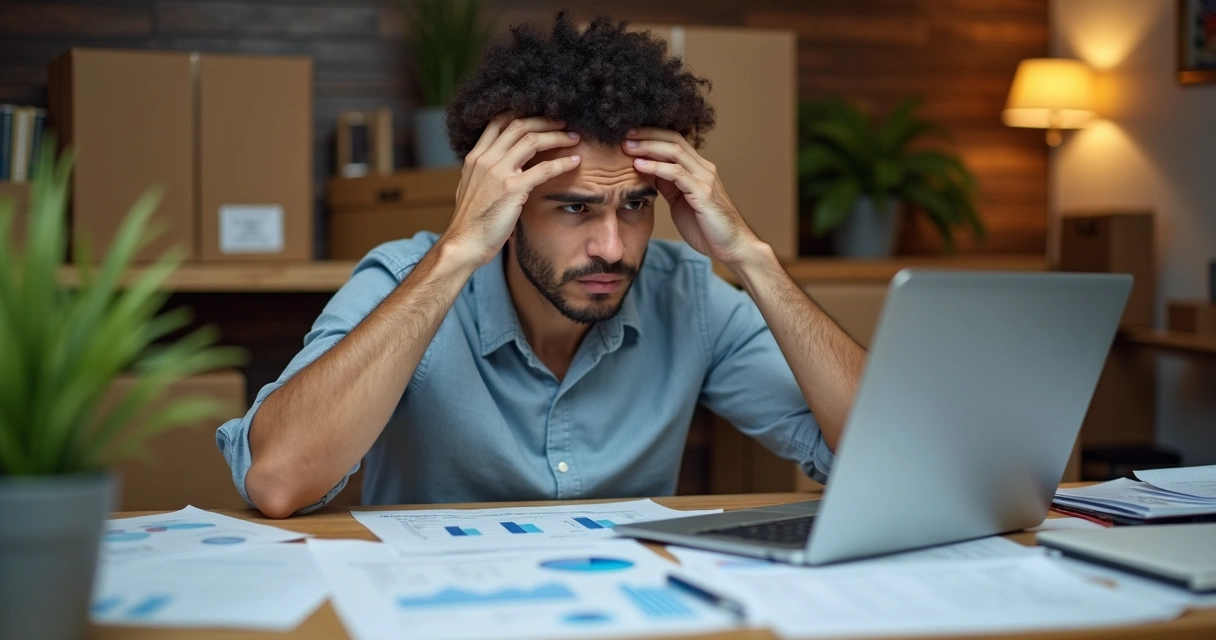 Gestor de e-commerce preocupado analisando relatórios financeiros 