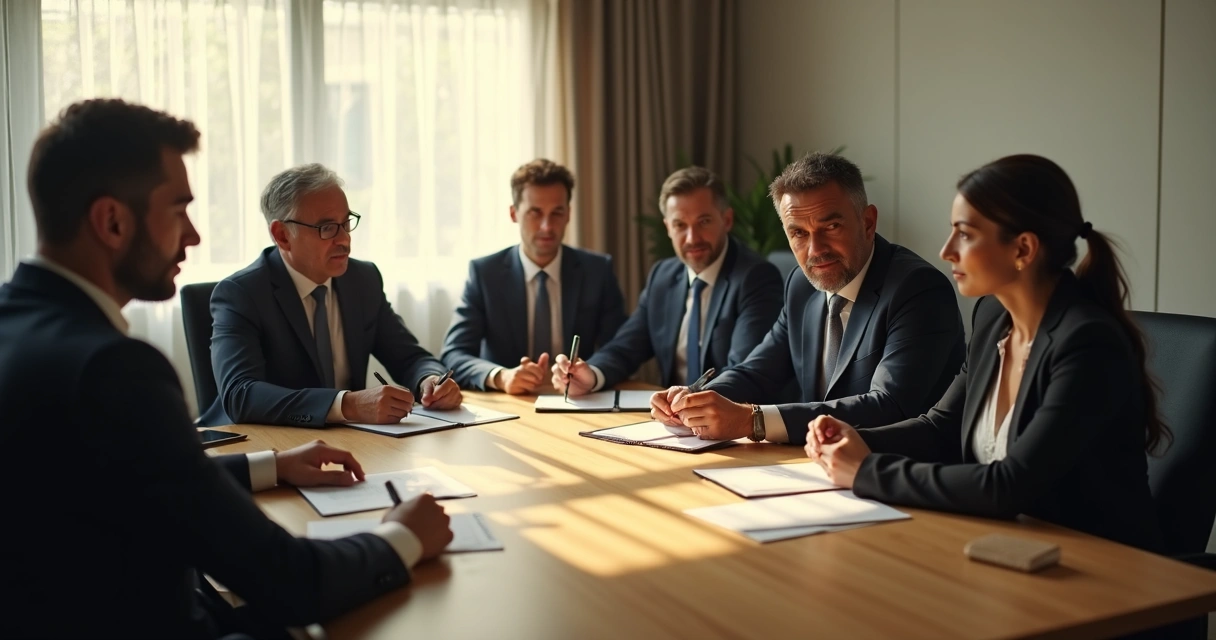 Empresários sentados em reunião, expressão séria, papéis na mão, luz natural entrando pela janela, clima de pressão, mesa de madeira clara, roupas sociais 