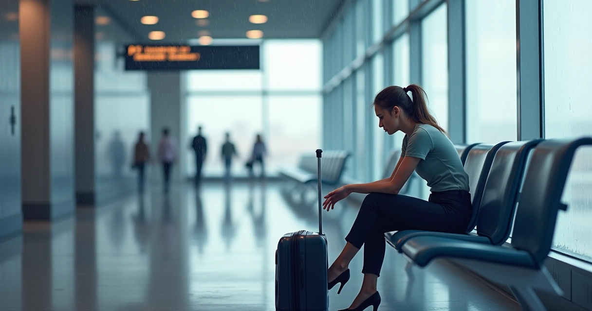 Mulher estressada sentada com bagagem em aeroporto 
