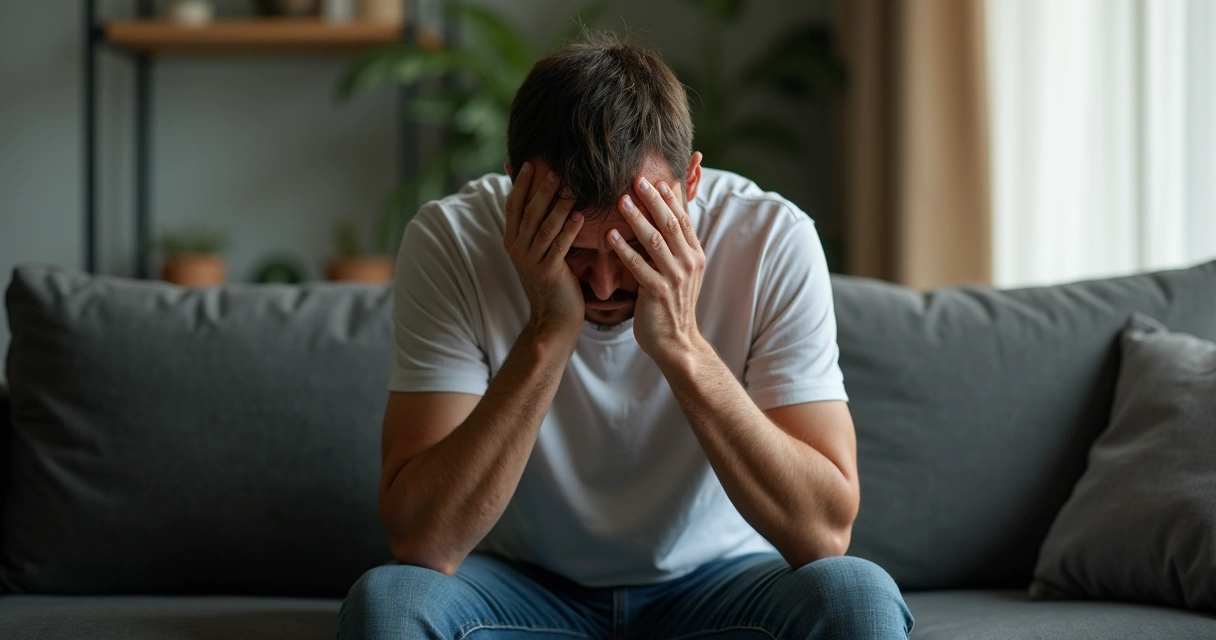 Homem com rosto cansado sentado com mãos no rosto, mostrando estresse 