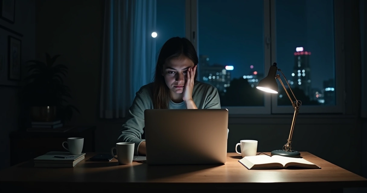 Pessoa sozinha sentada à mesa olhando para tela de notebook à noite 