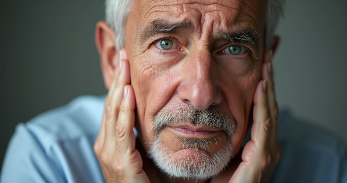 Homem tocando o rosto com expressão de preocupação, fundo neutro 
