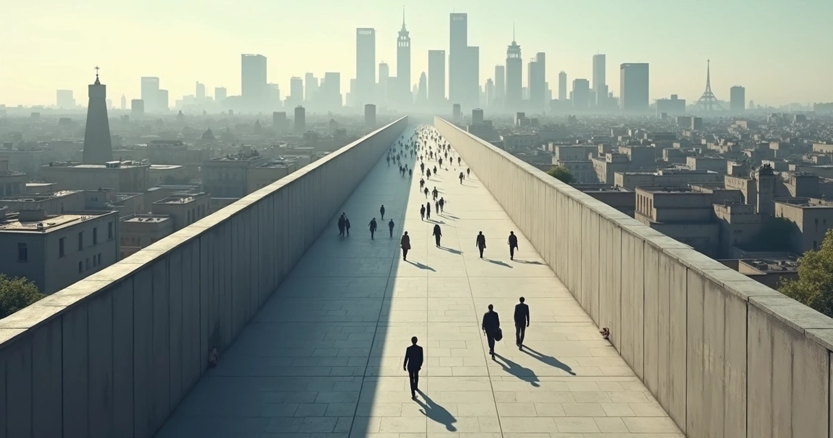 Estructura social con figuras grises y un muro en el centro 