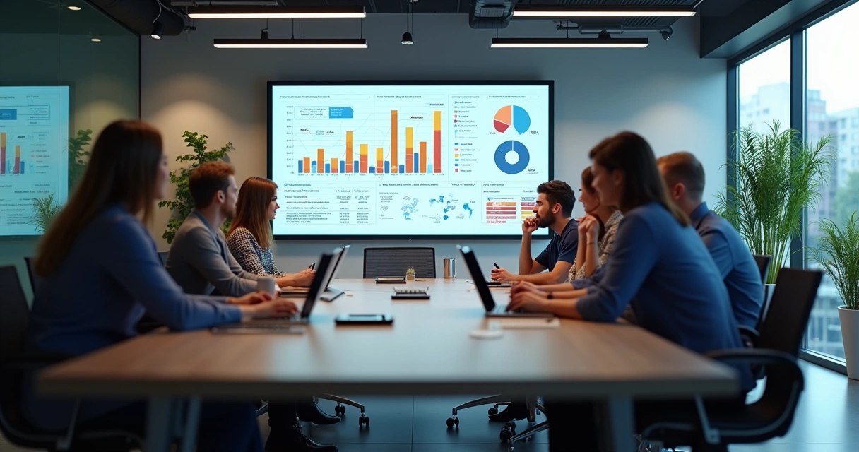 Equipe de agência digital alinhada em reunião estratégica em sala moderna com computadores e gráficos 