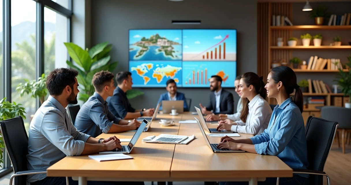 Ambiente moderno de agência de viagem com equipe planejando estratégias e usando computadores 