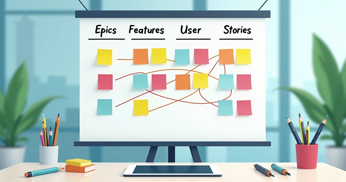 Estrutura visual de backlog com épicos e features 