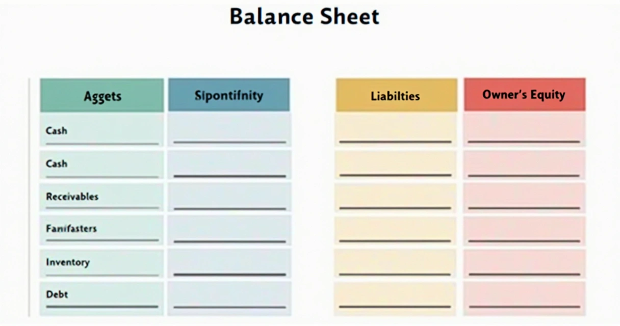 Diagrama colorido mostrando o balanço patrimonial dividido em ativos, passivos e patrimônio líquido 