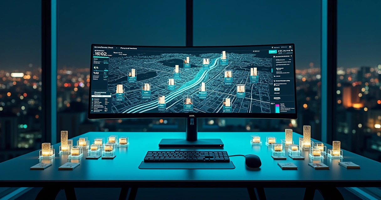Mapa urbano digital com cartões de imóveis organizados em grade inteligente 