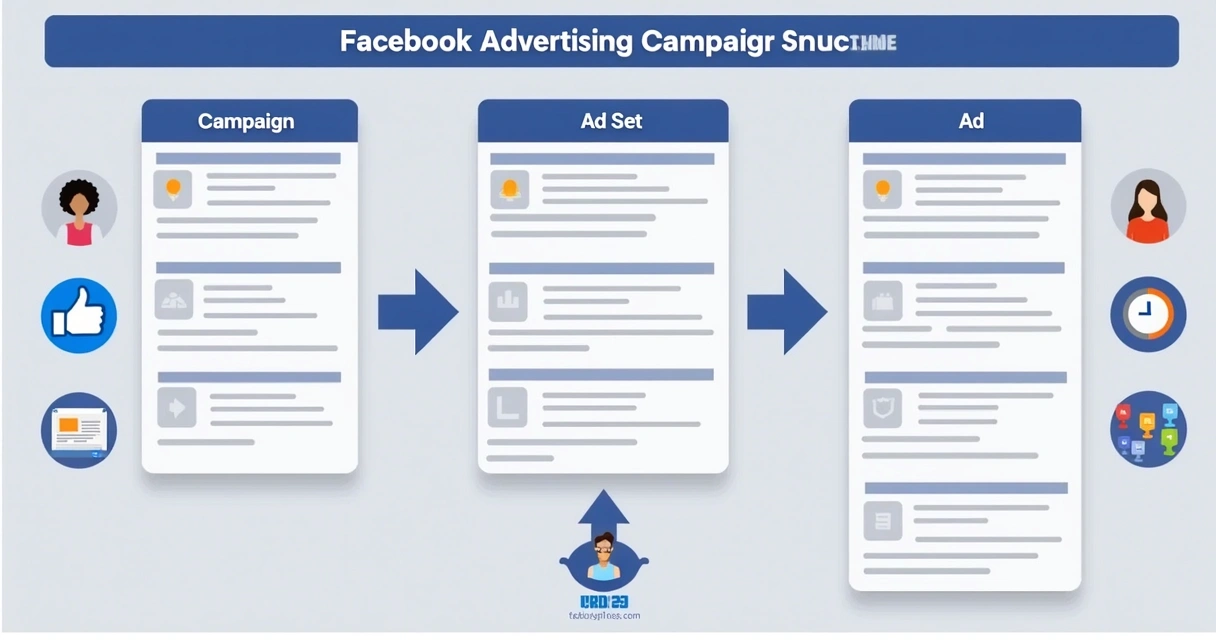 Estrutura de campanha no Facebook com os três níveis destacados