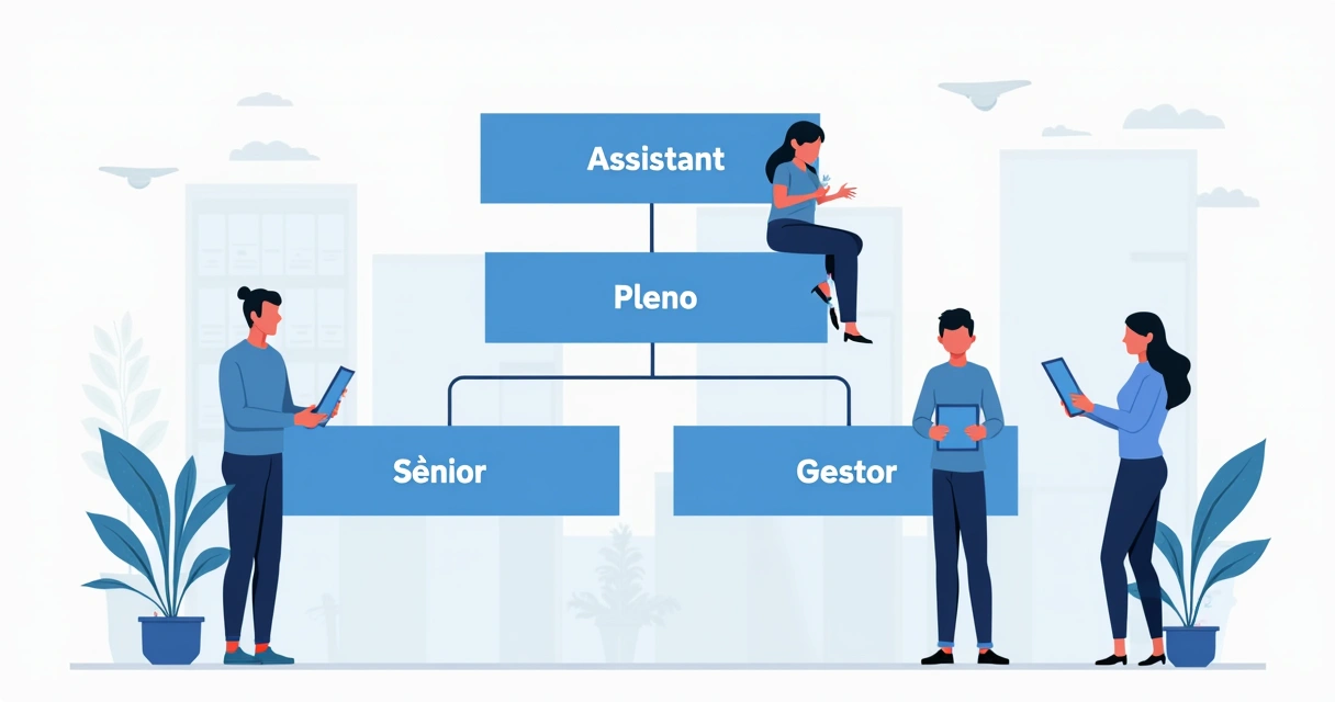Estrutura simplificada de cargos para PME com quatro níveis desenhados em blocos claros 