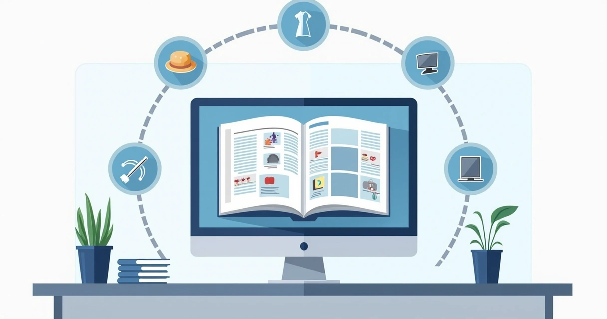 Tela do computador mostrando catálogo digital organizado em categorias