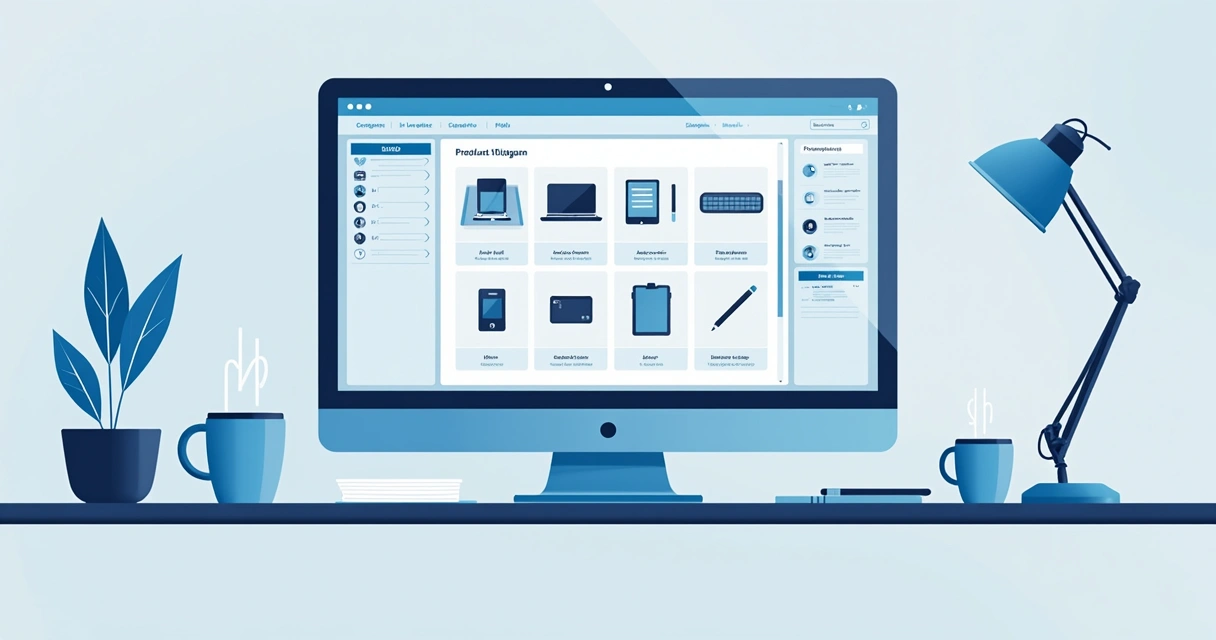 Estrutura visual de catálogo PDF digital com produtos e categorias 