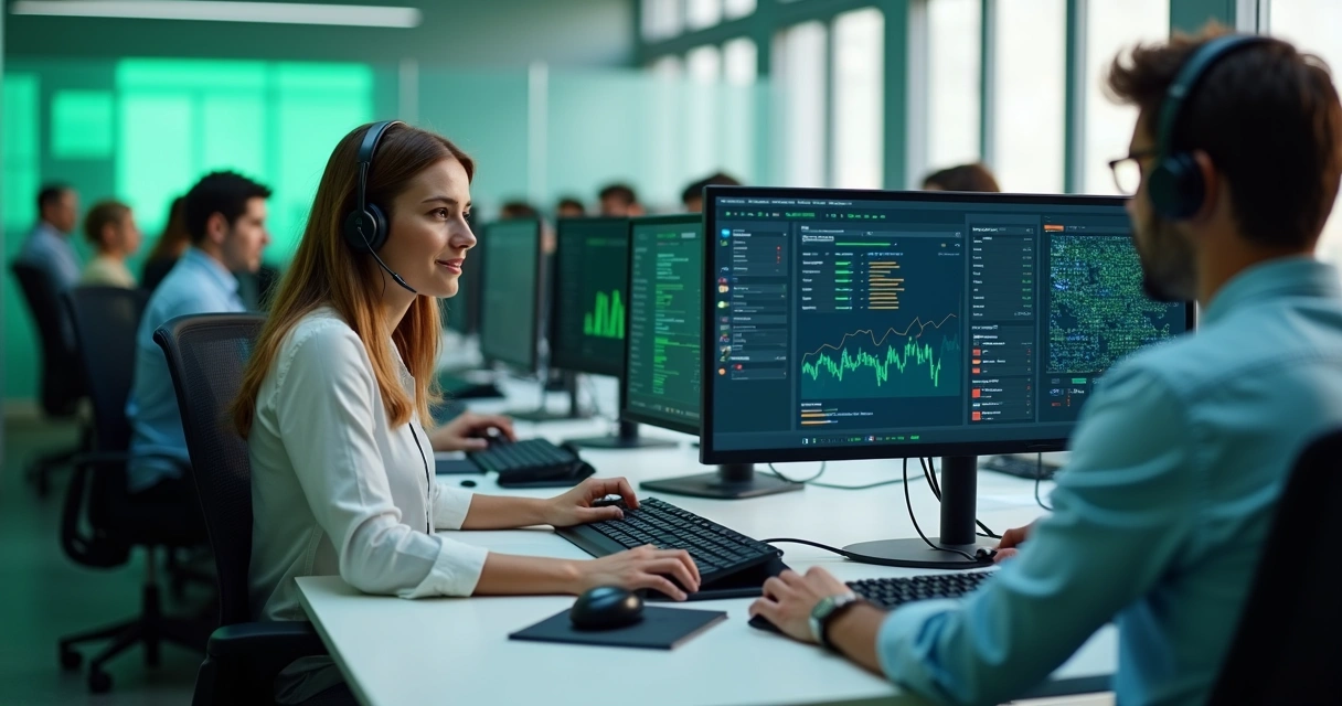 Equipe de suporte trabalhando em central de atendimento de TI moderna 