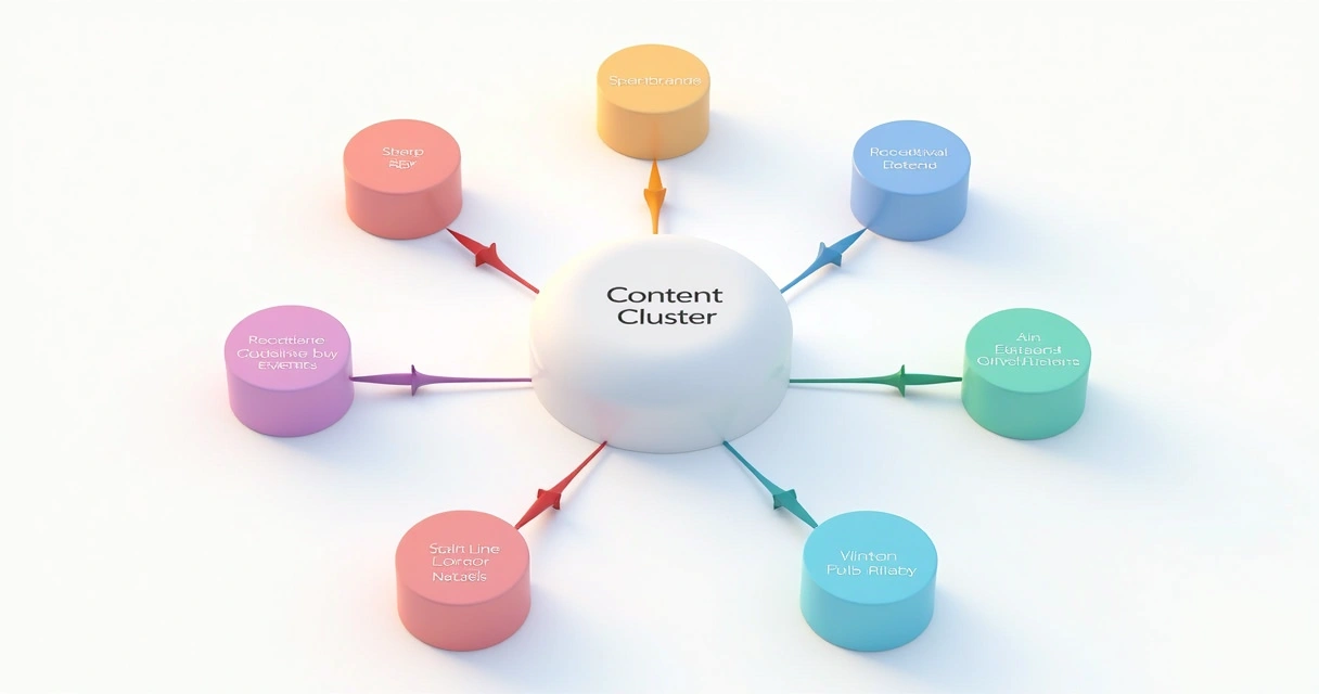 Estrutura visual dos clusters de conteúdo ligados por setas em site 