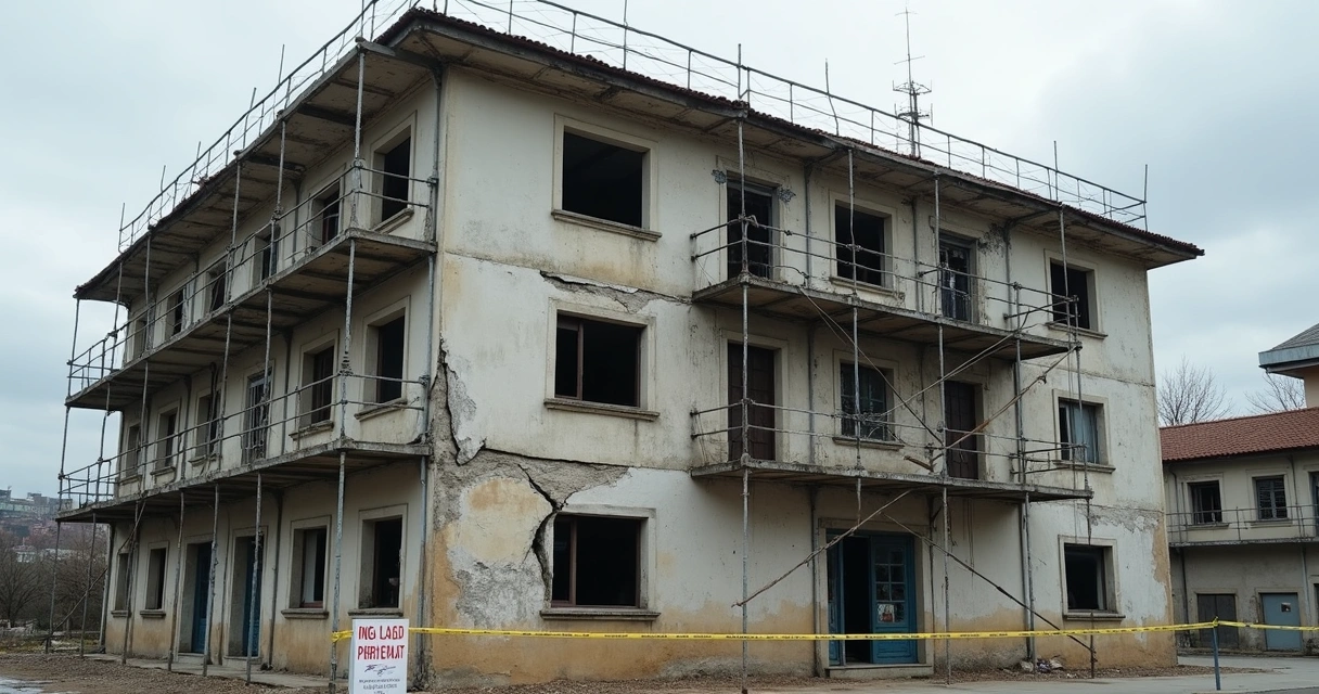 Prédio com rachaduras estruturais e escoramento temporário 