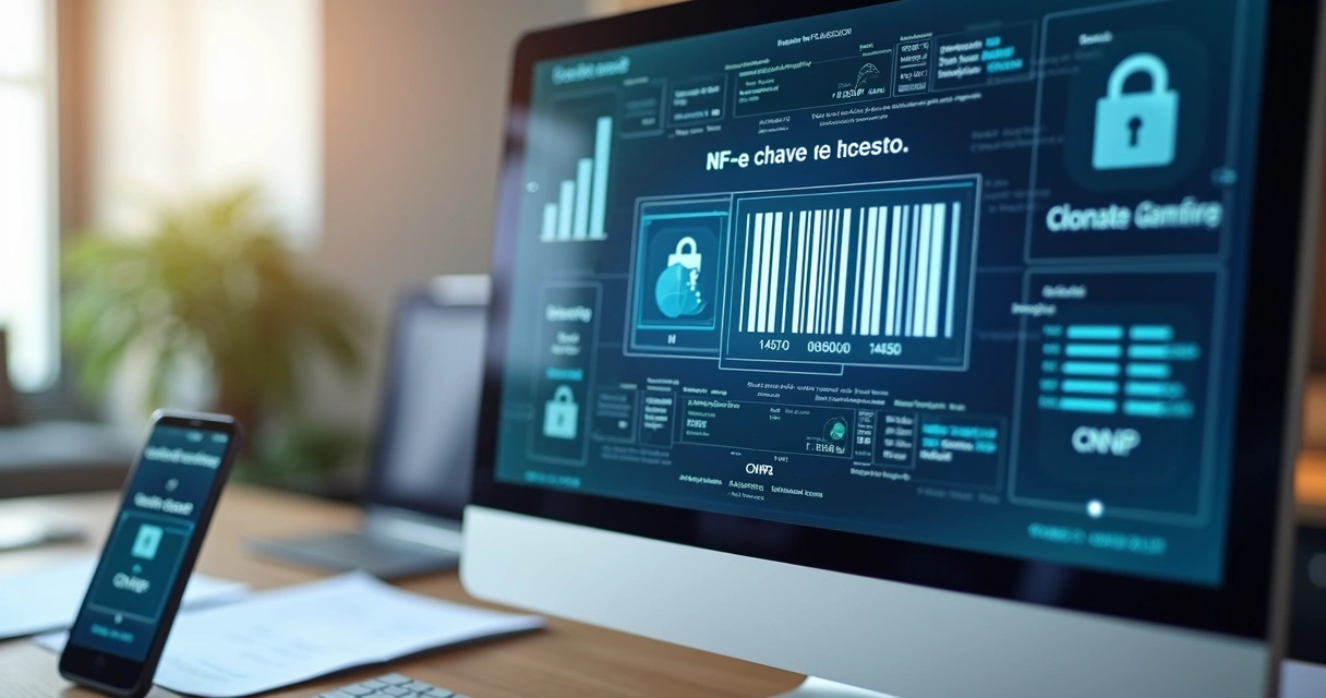 Tela de computador mostrando chave de acesso da NF-e em um sistema, com código de barras e dados fiscais detalhados