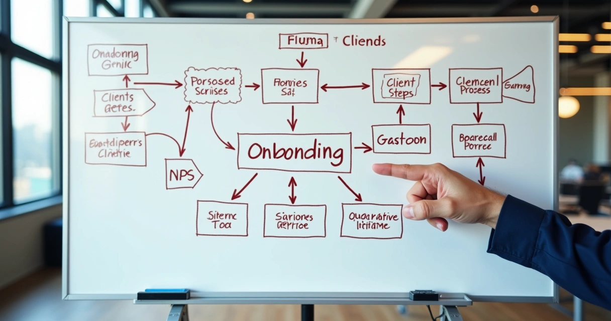 Quadro branco com fluxograma detalhado de onboarding, indicadores, atendimento e escala de consultoria financeira