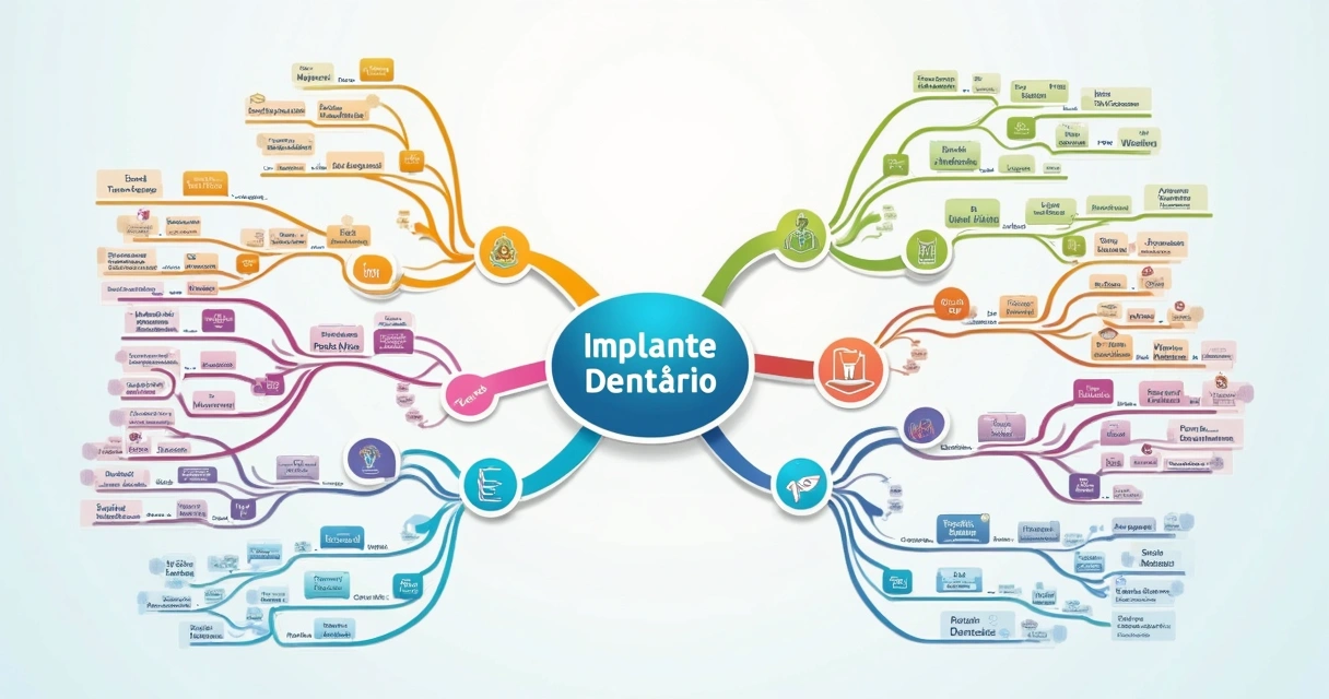 Mapa mental colorido com temas ligados à odontologia em blocos interligados 
