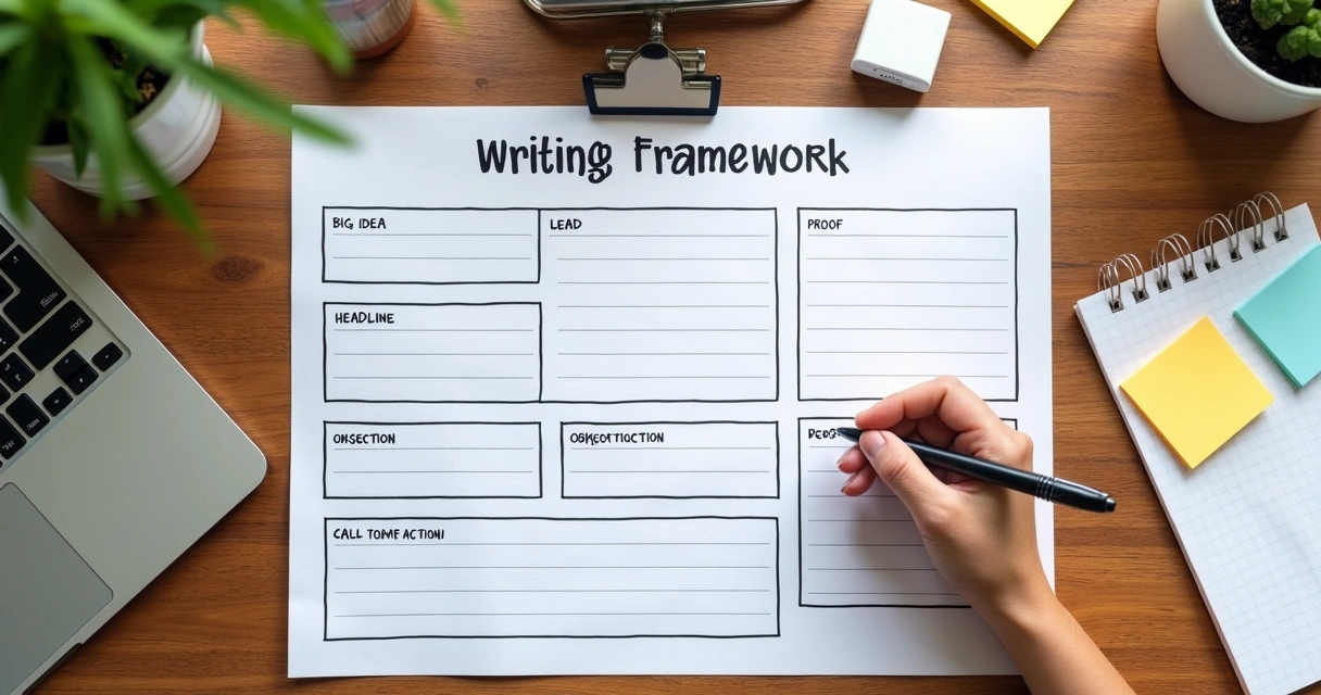 Quadro com estrutura de copywriting e etapas de texto de vendas 