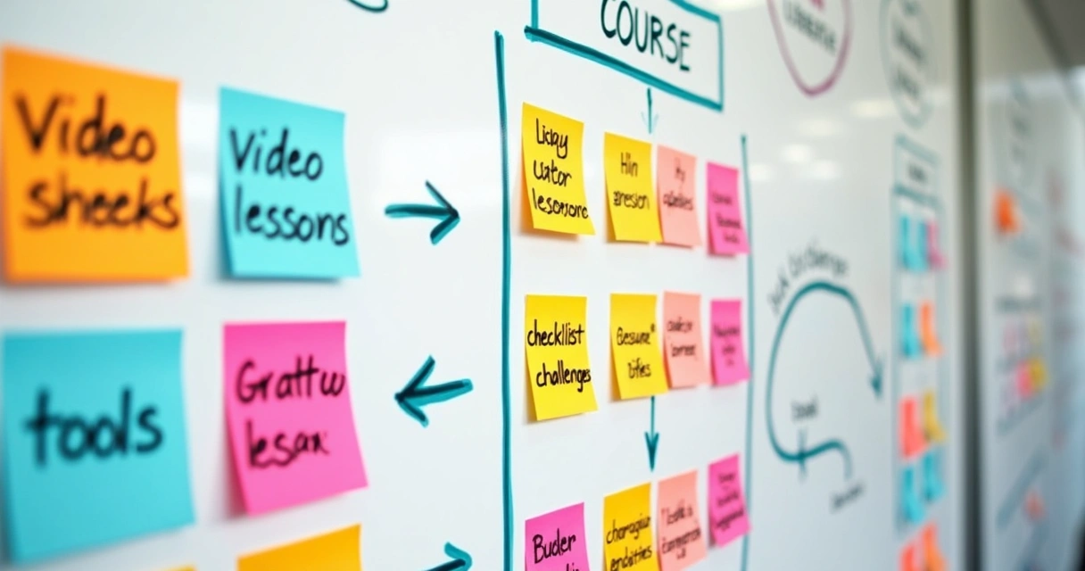 Quadro branco com estrutura de curso digital desenhada com setas e post-its coloridos 