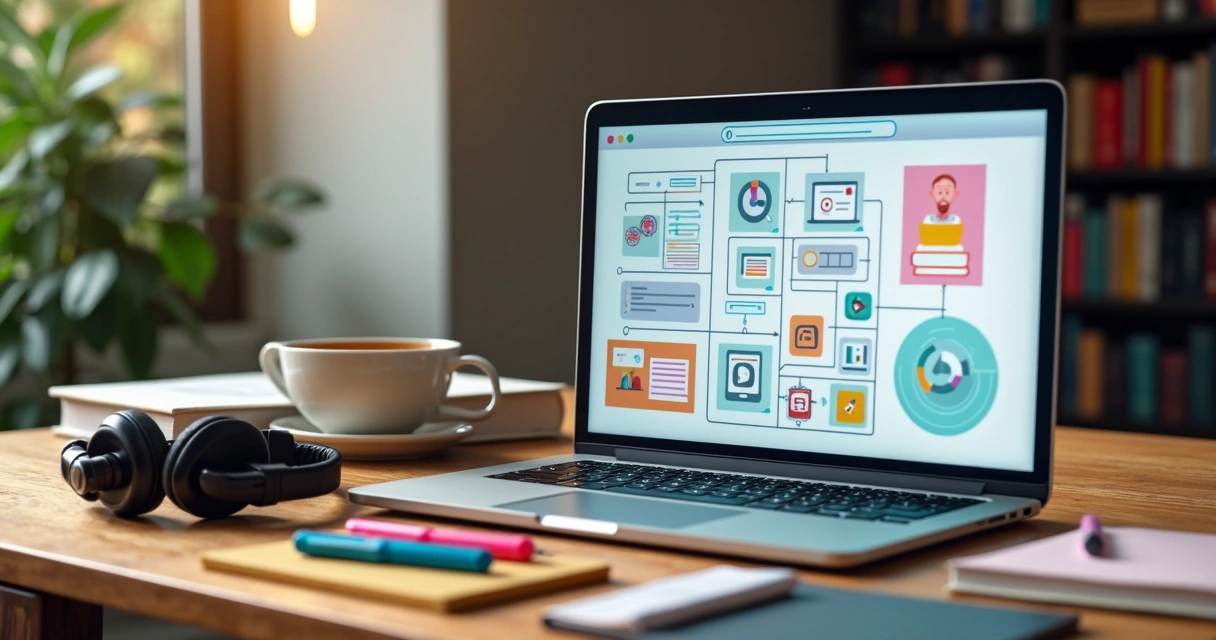 Estrutura de curso online com módulos em notebook 