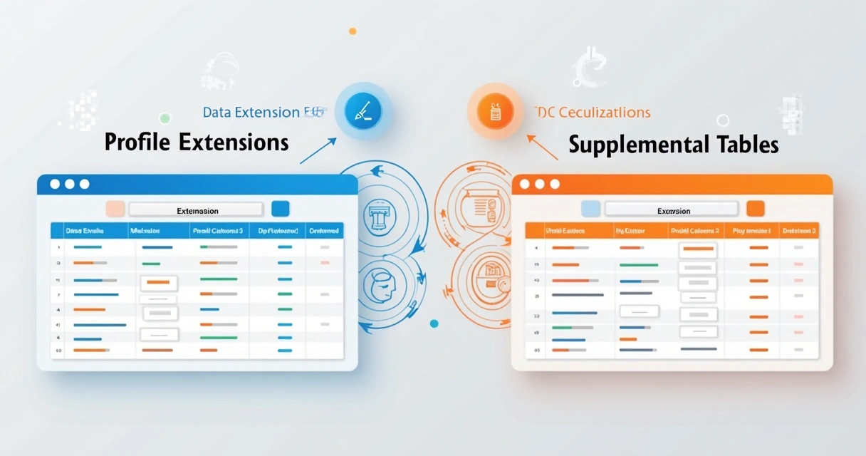 Estrutura visual de dados de marketing digital com tabelas e conexões 
