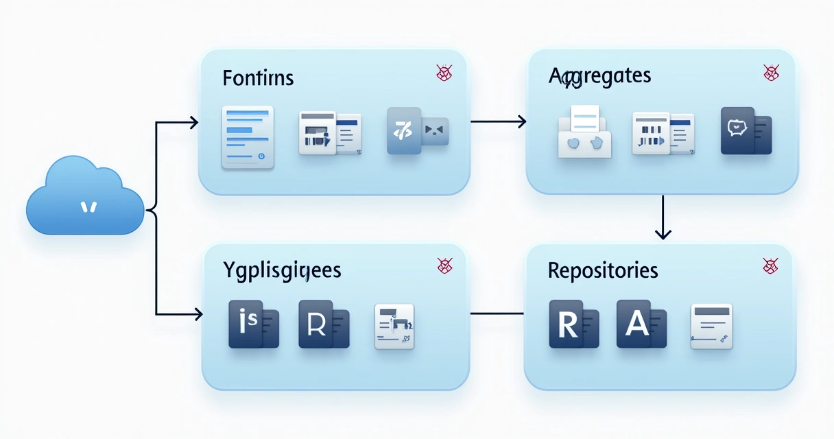 Diagrama mostrando separação entre entidades, value objects, agregados e repositórios em uma arquitetura Laravel DDD 