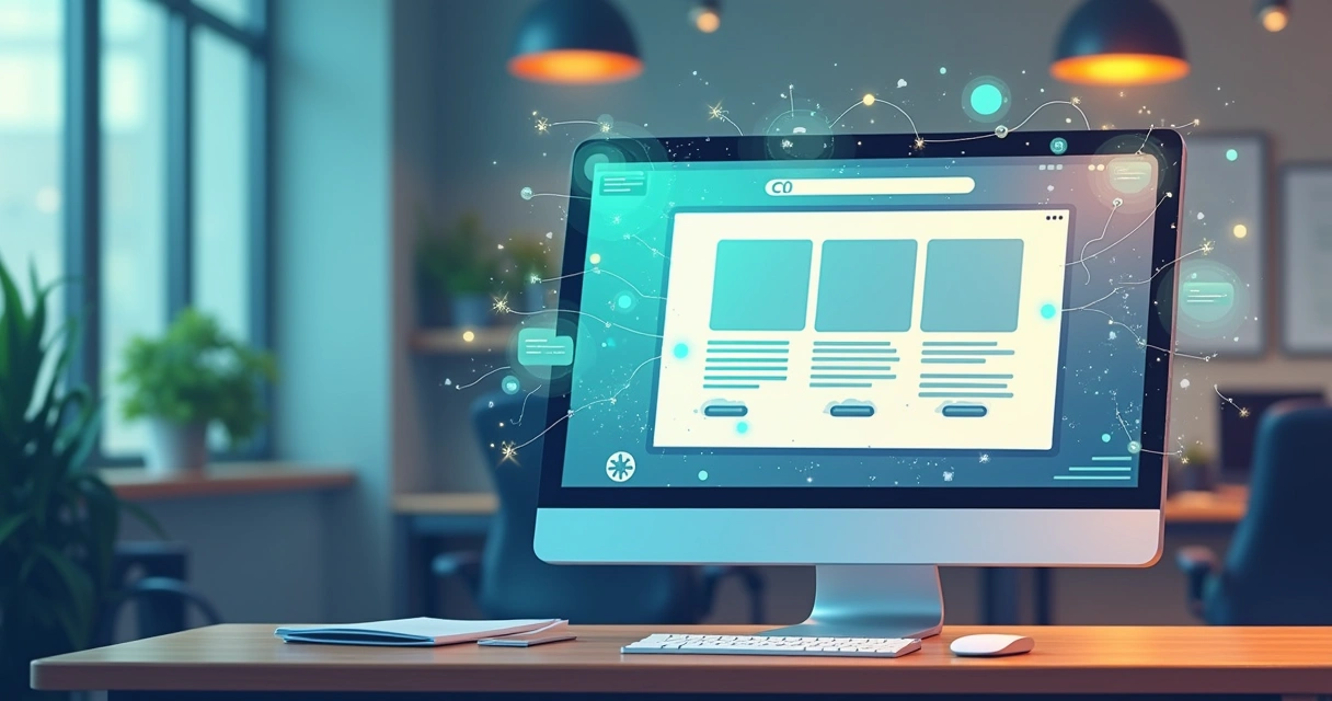 Computador mostrando um site bem estruturado com menus claros e ícones organizados em um ambiente profissional.