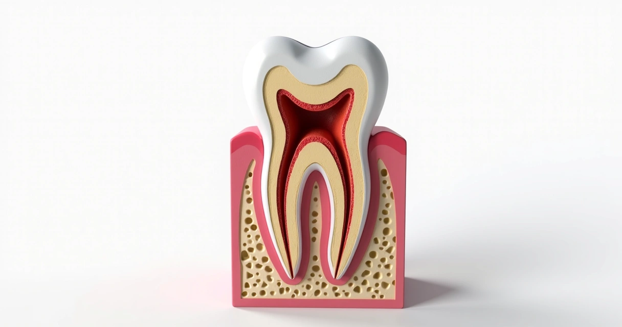 Corte transversal mostra detalhamento das camadas do dente: esmalte, dentina e polpa 