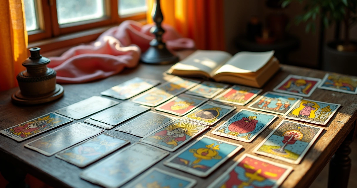 Cartas de tarot grandes e pequenas espalhadas 