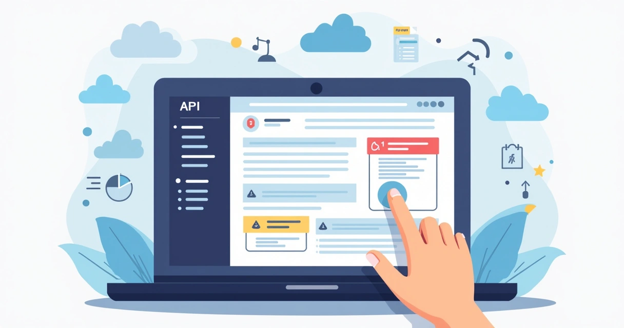 Página estruturada de documentação de API com menus e exemplos de código 