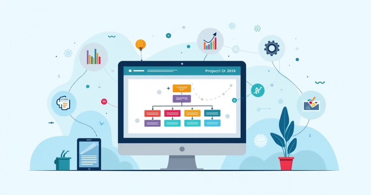 Ilustração corporativa mostrando estrutura de EAP em tela de computador com gráficos e fluxos organizados 