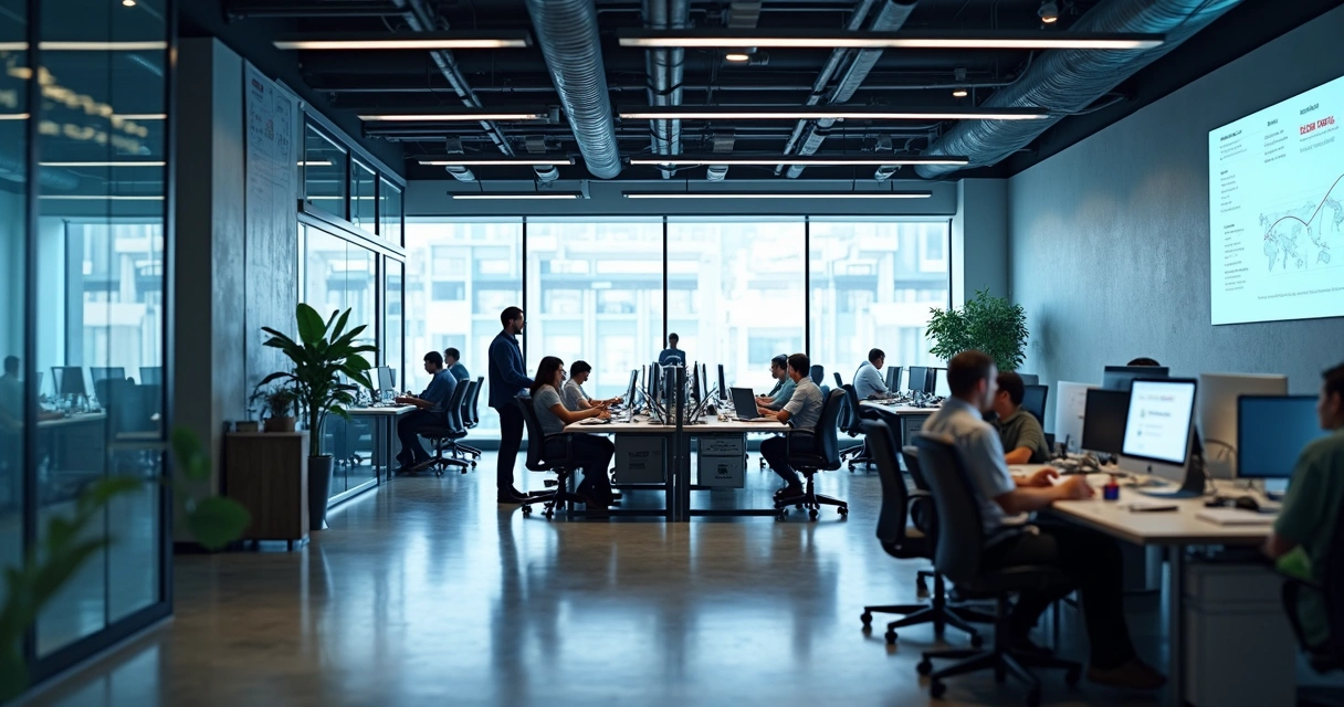 Equipe de SaaS em grande sala, múltiplas áreas integradas 