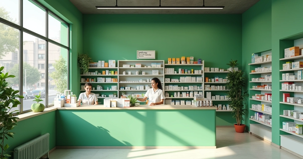 Vista interna de uma farmácia com balcão, prateleiras organizadas e ambiente iluminado 