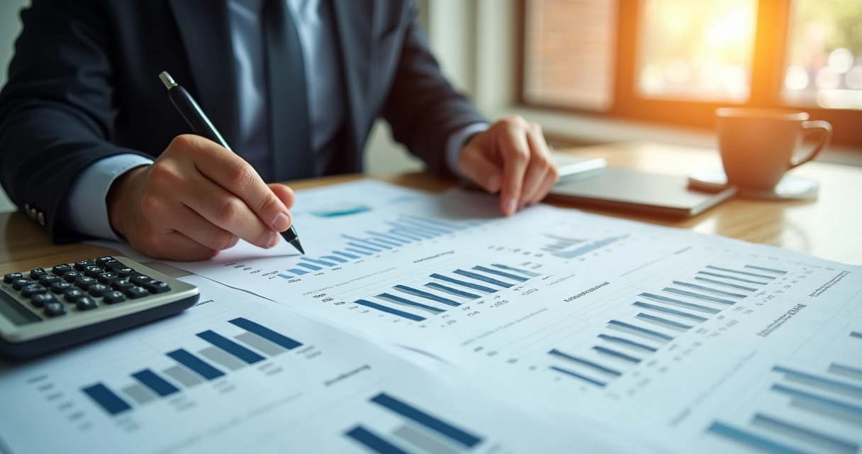 Planilhas e gráficos de fluxo de caixa e ponto de equilíbrio sendo analisados por empresário 