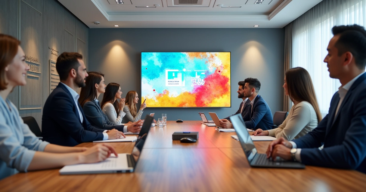 Sala de reuniões com equipe analisando branding de franquia 