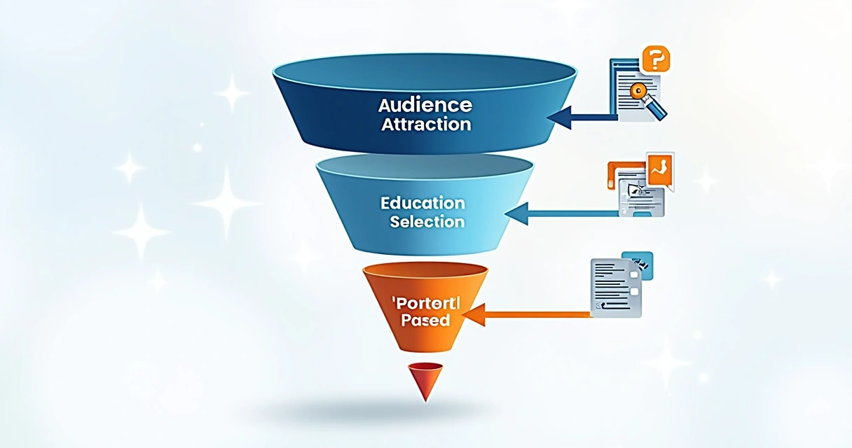 Diagrama colorido mostrando três etapas do funil de conteúdo: topo, meio e fundo. 