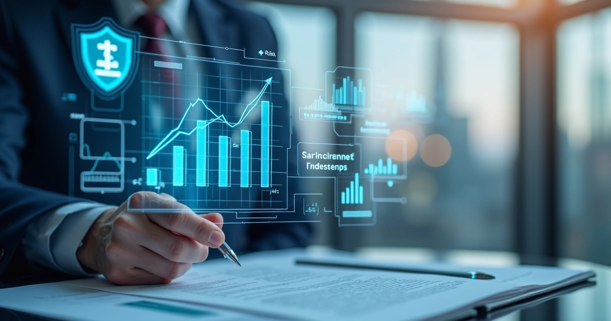 Painel financeiro com gráficos e camadas de proteção de investimento 