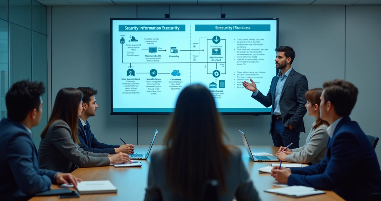 Treinamento de equipe em sala de TI com apresentação de segurança