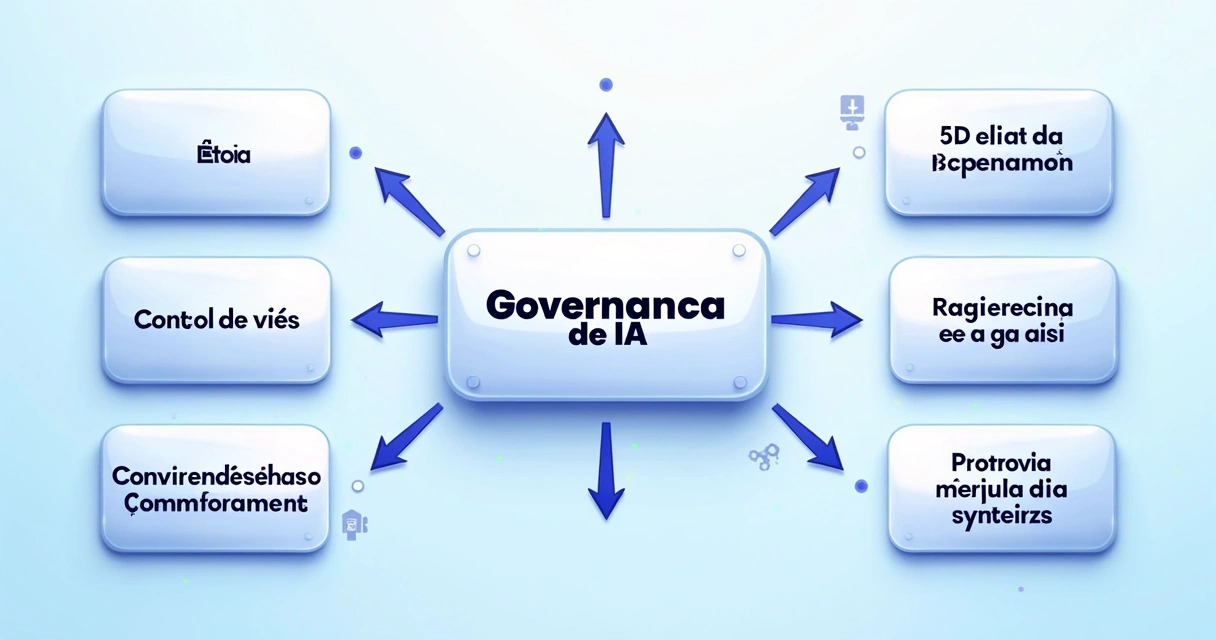 Esquema visual de estrutura de governança em IA com fluxos e caixas conectadas 