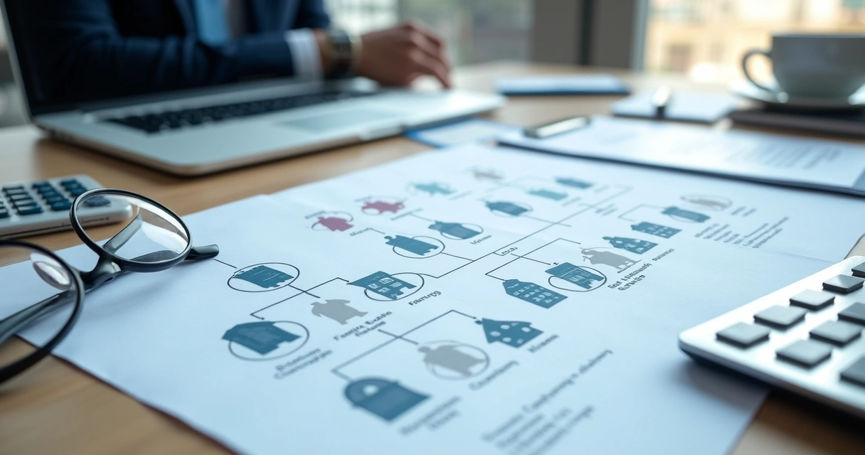 Diagrama visual de holding familiar com imóveis e empresas 