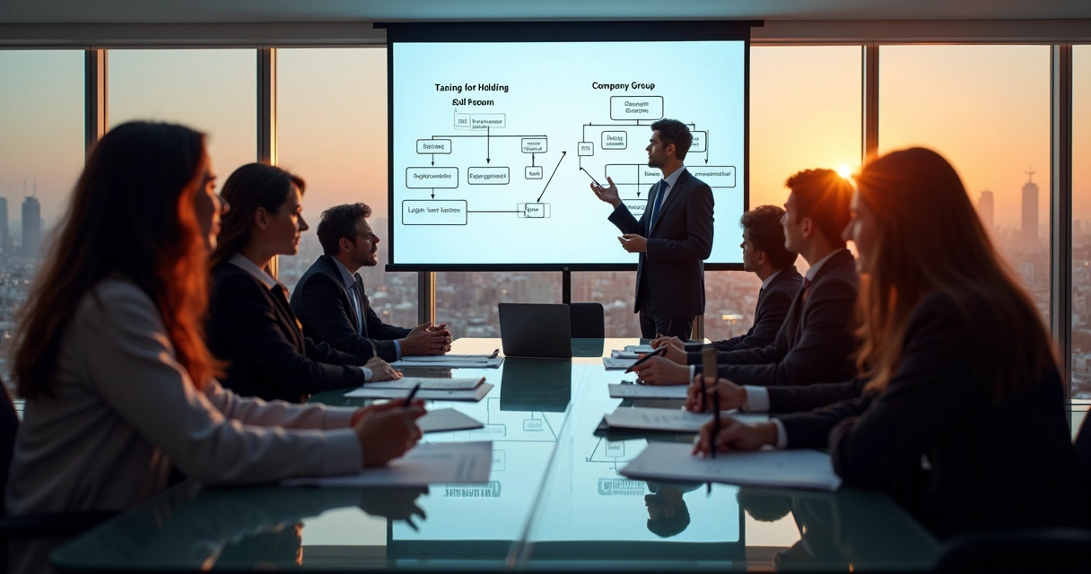 Grupo reunido discutindo estruturação de holding familiar com contratos sobre a mesa